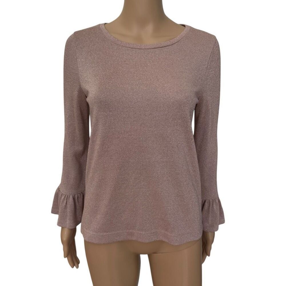 J. Crew Womens Rose Gold Metallic Shirt ruffle Sleeve Stretch Top Blouse size S
